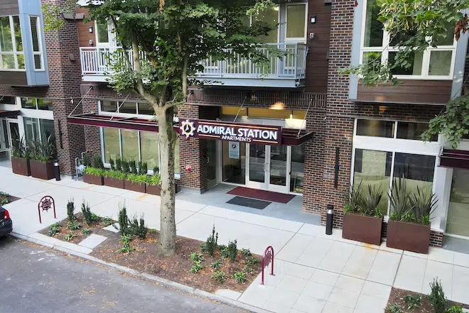 Drone view of the main entrance to Admiral Station Apartments in West Seattle.