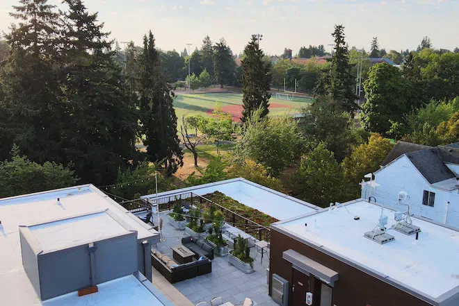 View from the rooftop terrace overlooking West Seattle neighborhood parks and green space.