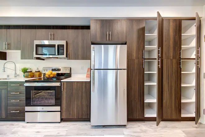 Modern apartment kitchen with stainless steel appliances and spacious pantry storage at Admiral Station Apartments.